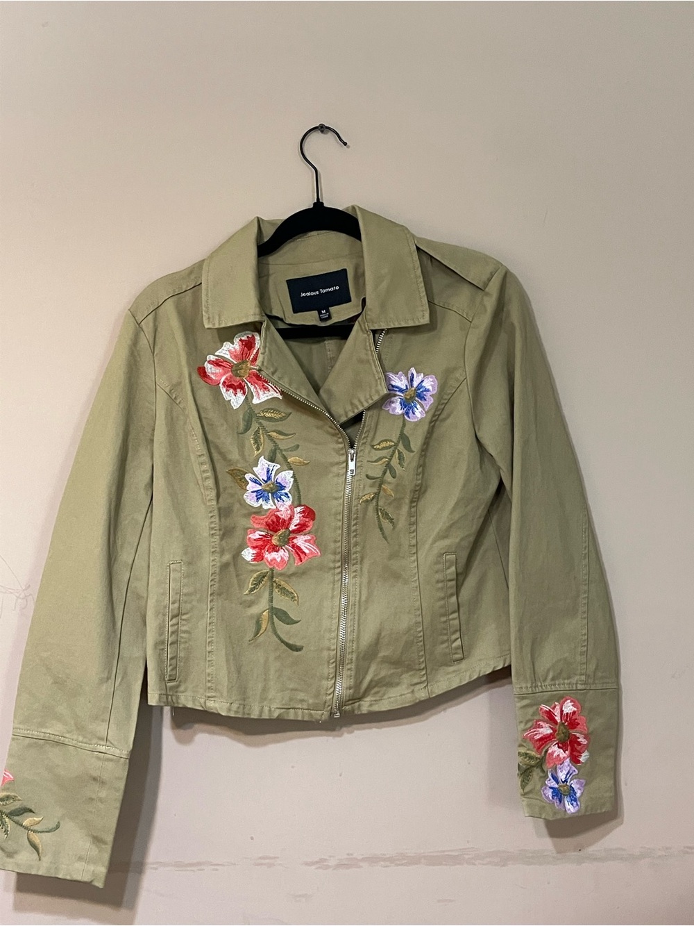 Jennifer Lopez Olive Green Floral Embroidered Jean Jacket